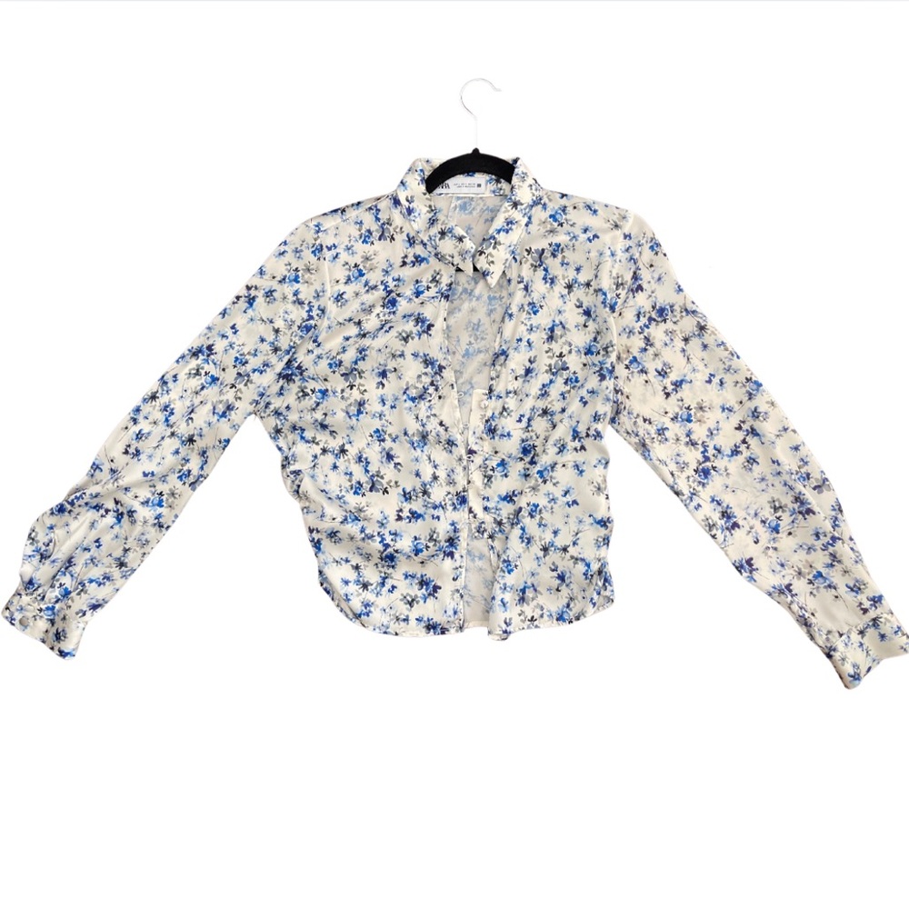 Zara Floral Button-Up Blouse – Blue/White, Size L, Long Sleeve